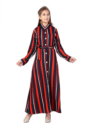 Yk Girls Maxi/Full Length Casual Dress(Red, Black, Full Sleeve)