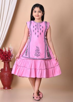 j.n.s rozina Indi Girls Below Knee Festive/Wedding Dress(Pink, Sleeveless)
