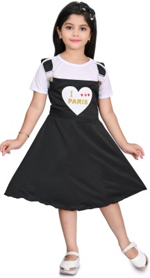 HRR Girls Below Knee Casual Dress(Black, Half Sleeve)