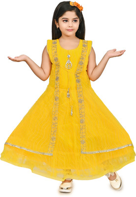 Zenat Girls Maxi/Full Length Party Dress(Yellow, Sleeveless)