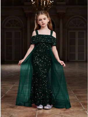 ShopTown Indi Girls Maxi/Full Length Party Dress(Green, Sleeveless)