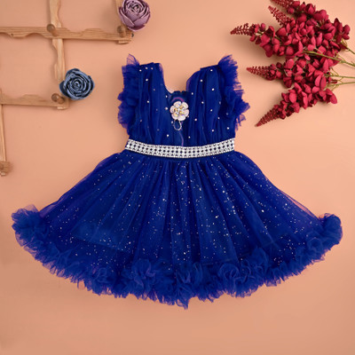 F B Collction Girls Midi/Knee Length Party Dress(Blue, Sleeveless)