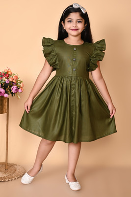 Paramount NX Girls Midi/Knee Length Festive/Wedding Dress(Dark Green, Fashion Sleeve)