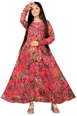 Aarya Designer Girls Calf Length Casual Dress(Red, Full Sleeve)
