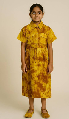 Elevate Styles Indi Girls Below Knee Casual Dress(Yellow, Short Sleeve)