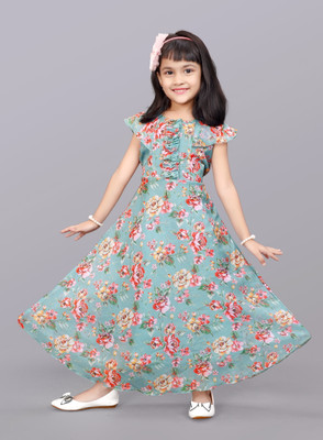 NVELIS Girls Maxi/Full Length Casual Dress(Light Green, Short Sleeve)