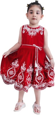 rayie collection Indi Girls Midi/Knee Length Festive/Wedding Dress(Red, Sleeveless)