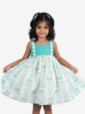 Little Llama Girls Midi/Knee Length Casual Dress(Light Green, Sleeveless)