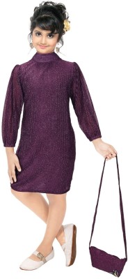 WALAXY Girls Midi/Knee Length Party Dress(Purple, 3/4 Sleeve)