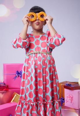 Mastarang Indi Girls Midi/Knee Length Casual Dress(Pink, 3/4 Sleeve)