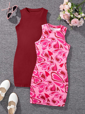 dhru Girls Below Knee Casual Dress(Maroon, Pink, Sleeveless)