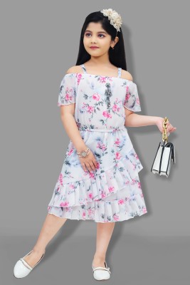 J AND JK FASHION Girls Below Knee Casual Dress(White, Fashion Sleeve)