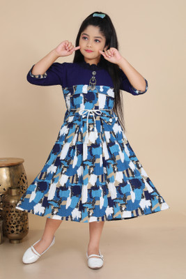 Y Rim Mumbai Nurimnisa Girls Below Knee Party Dress(Blue, 3/4 Sleeve)