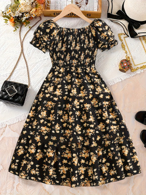 Ethit Girls Midi/Knee Length Party Dress(Beige, Black, Short Sleeve)