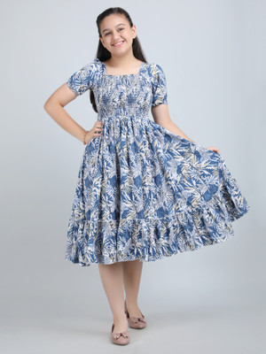 Deklook Girls Midi/Knee Length Party Dress(Blue, Short Sleeve)