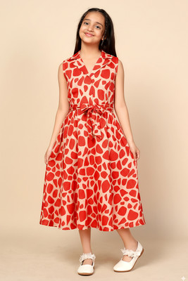 Fashion Dream Girls Calf Length Casual Dress(Orange, Sleeveless)