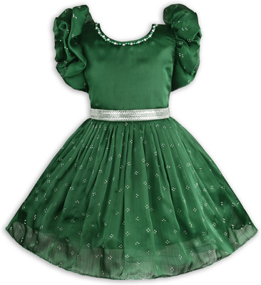 Silver Kraft Girls Midi/Knee Length Party Dress(Dark Green, Short Sleeve)