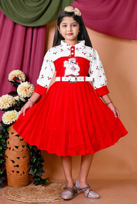 hira fashion Indi Girls Below Knee Party Dress(Red, White, 3/4 Sleeve)