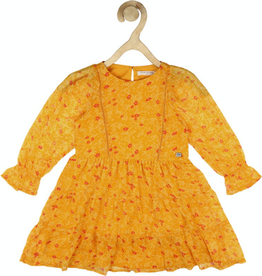PETER ENGLAND Girls Midi/Knee Length Casual Dress(Yellow, Full Sleeve)