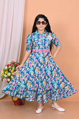 Mdmongaldresses Girls Maxi/Full Length Party Dress(Blue, 3/4 Sleeve)