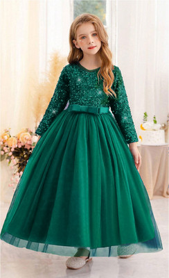 KESRI BOUTIQUE Girls Maxi/Full Length Festive/Wedding Dress(Green, Full Sleeve)
