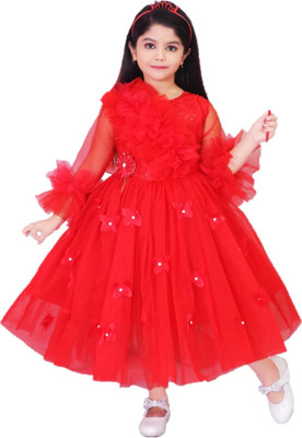 aruna creation Girls Maxi/Full Length Party Dress(Red, 3/4 Sleeve)