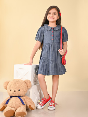Lilpicks Girls Midi/Knee Length Casual Dress(Blue, Short Sleeve)