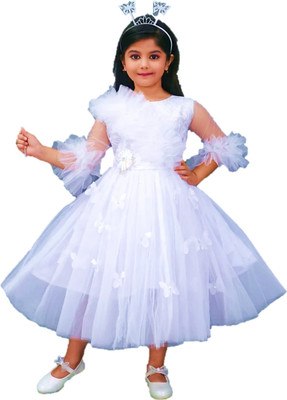 Arunaa Creation Girls Midi/Knee Length Party Dress(White, Short Sleeve)
