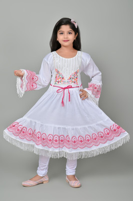 ROSE TEXTILE Indi Girls Maxi/Full Length Party Dress(White, Full Sleeve)