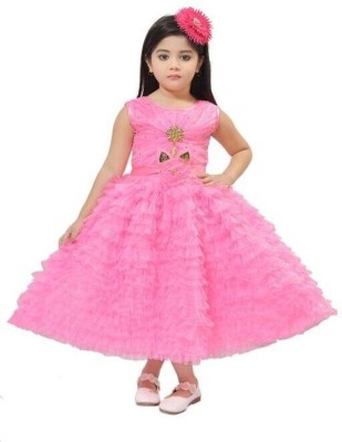 Fashionhub Baby Girls Calf Length Festive/Wedding Dress(Pink, Sleeveless)