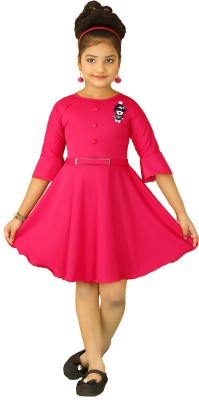 ZOOBA Girls Midi/Knee Length Party Dress(Red, 3/4 Sleeve)