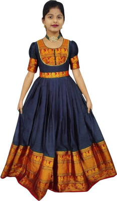 Jhanvi Lifestyle Indi Girls Maxi/Full Length Casual Dress(Dark Blue, Half Sleeve)