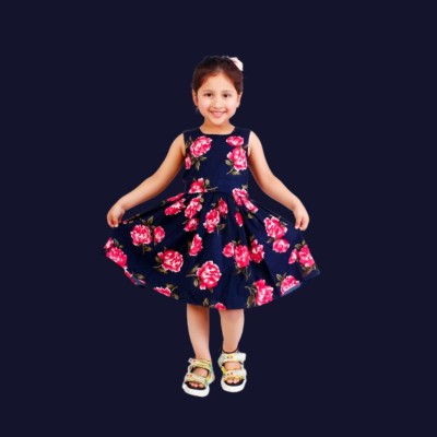 Rcube Girls Midi/Knee Length Casual Dress(Dark Blue, Sleeveless)