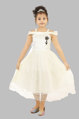 Fessist Indi Girls Midi/Knee Length Party Dress(White, Short Sleeve)