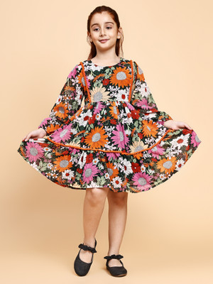 Yk Girls Midi/Knee Length Casual Dress(Multicolor, Full Sleeve)