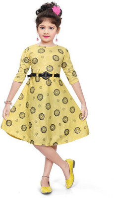 Angels girls Indi Girls Midi/Knee Length Casual Dress(Yellow, 3/4 Sleeve)
