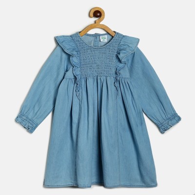 MINI KLUB Baby Girls Midi/Knee Length Casual Dress(Blue, 3/4 Sleeve)
