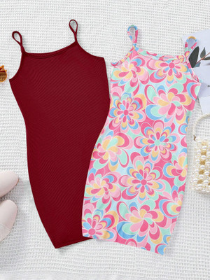 dhru Girls Below Knee Casual Dress(Maroon, Pink, Sleeveless)