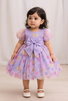 LAADO FASHION SHOP Girls Midi/Knee Length Party Dress(Purple, Short Sleeve)