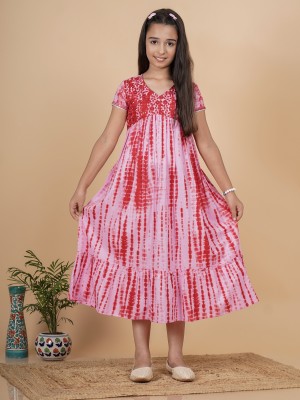 JustShe Girls Calf Length Casual Dress(Red, Short Sleeve)