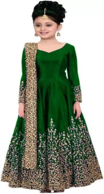 UTTAM FASHION Girls Maxi/Full Length Festive/Wedding Dress(Green, Full Sleeve)