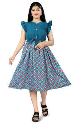 Njushxa Indi Girls Midi/Knee Length Festive/Wedding Dress(Blue, Short Sleeve)
