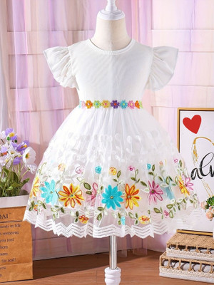 Kidszone Indi Baby Girls Above Knee Casual Dress(White, Short Sleeve)