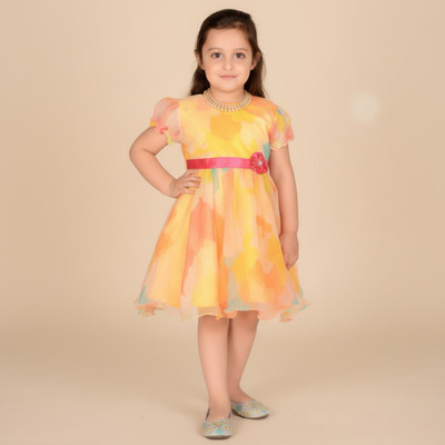 swamini wear Indi Girls Midi/Knee Length Festive/Wedding Dress(Yellow, Sleeveless)