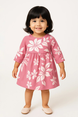 kidsworld life Indi Girls Below Knee Casual Dress(Pink, 3/4 Sleeve)