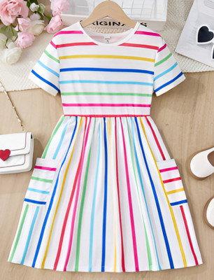 desaibotgo Girls Above Knee Casual Dress(Multicolor, Half Sleeve)