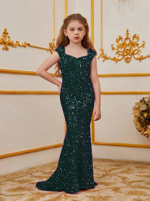 Charvi Girls Maxi/Full Length Party Dress(Green, Sleeveless)