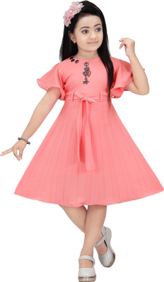 ZARTAJ Girls Below Knee Casual Dress(Orange, Half Sleeve)