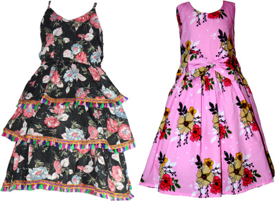 Hunoor Girls Below Knee Casual Dress(Dark Blue, Sleeveless)
