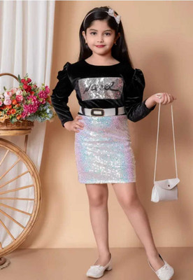 samrinfashion Baby Girls Calf Length Party Dress(Black, Silver, Full Sleeve)
